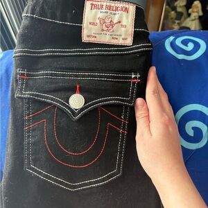 True Religion Women's Black Jeans with Red Stitching